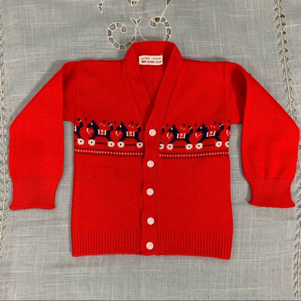 Vintage red cardigan sweater with horses